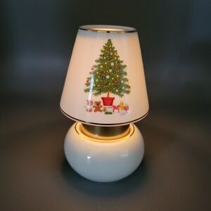 Vtg Christmas Tree Hurricane Votive Lamp Candle Holder Porcelain Gold Trim White